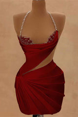Chic Halter Sleeveless Homecoming  Dresses Mini Sheath Prom Dress Pleats With Beads