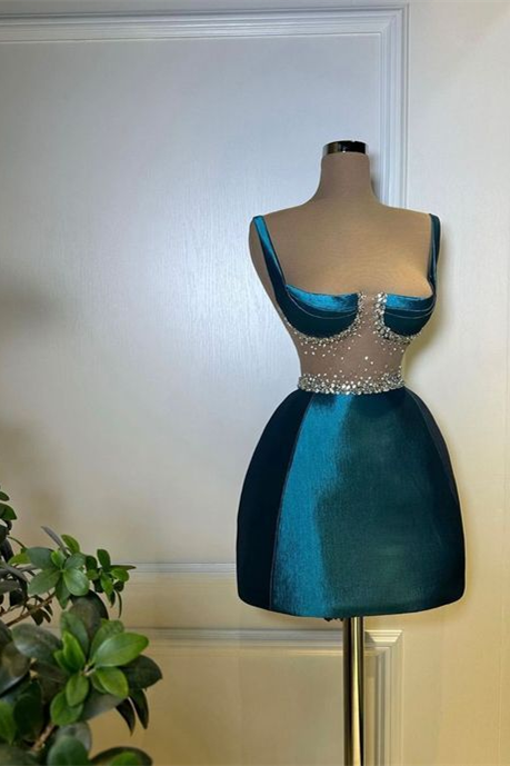 Classy Ink Blue Straps Satin Mini Homecoming Dresses Sleeveless Prom Dress With Beads