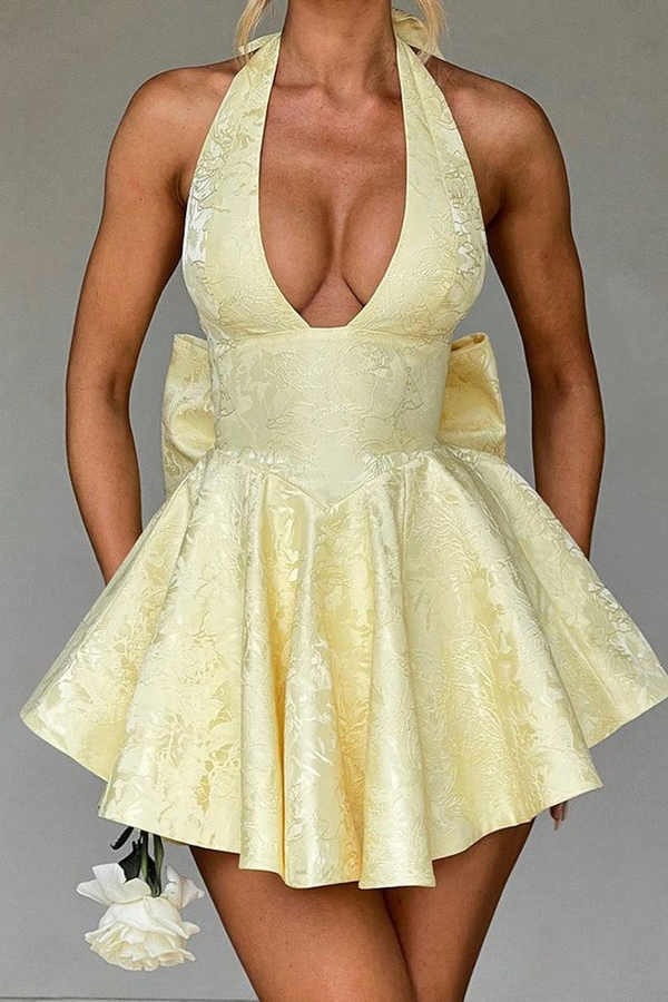 Classy Daffodil Halter V-Neck Mini Homecoming Dress Sleeveless A-Line With Bowknot