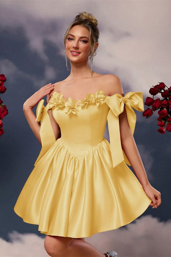 Glamorous Yellow Satin Sleeveless Off-The-Shoulder Homecoming Dresses A-Line Mini With Flower Bowknot