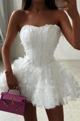 Charming White A-Line Strapless Mini Homecoming Dress Sleeveless Tulle On Sale