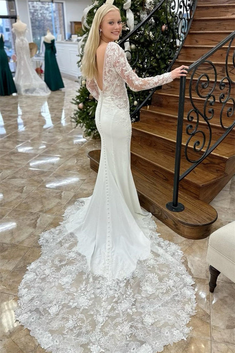 Exquisite V-Neck Mermaid Wedding Dresses Appliques Lace Long Sleeves Open Back With Buttons