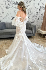 Popular Sweetheart Off-The-Shoulder Mermaid Wedding Dresses Lace Appliques With Detachable Long Sleeveless
