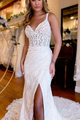 Gorgeous V-Neck Sleeveless Straps Mermaid Wedding Dresses High Slit With Appliques Lace