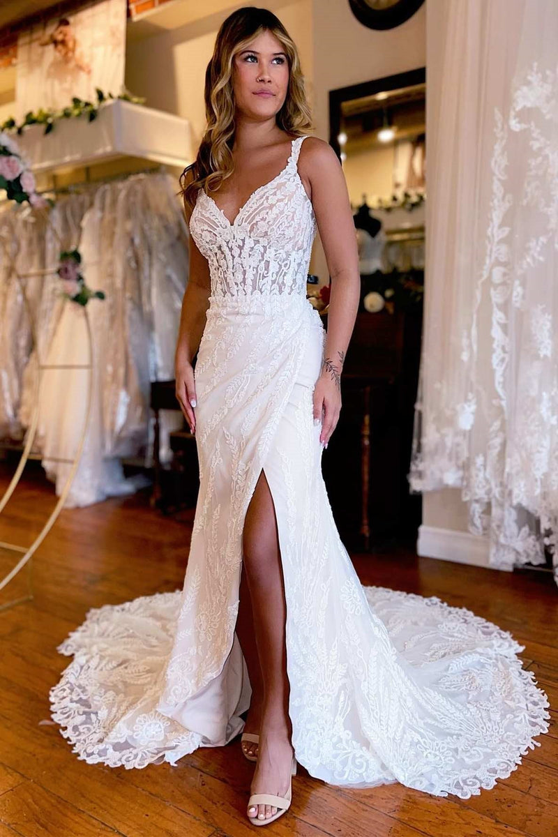 Gorgeous V-Neck Sleeveless Straps Mermaid Wedding Dresses High Slit With Appliques Lace