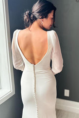 Exquisite V-Neck Long Sleeves Satin Wedding Dresses Mermaid Long Open Back With Buttons Pleats