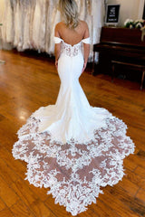 Classy Satin Off-The-Shoulder Sleeveless Mermaid Wedding Dress Open Back With Buttons Appliques Lace
