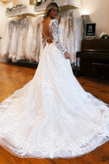 Exquisite V-Neck A-Line Wedding Dresses Long Sleeves Open Back With Appliques Lace