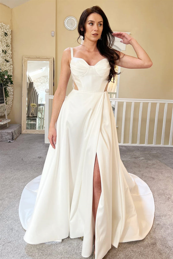 Chic Sweetheart Satin Straps Sleeveless Wedding Dresses High Slit A-Line With Buttons