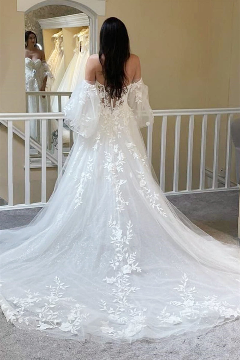 Luxury Sweetheart Strapless Tulle Wedding Dress A-Line Appliques Lace With Detachable Sleeves