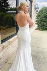 Pretty Halter Satin Sleeveless Mermaid Wedding Dresses Open Back With High Slit