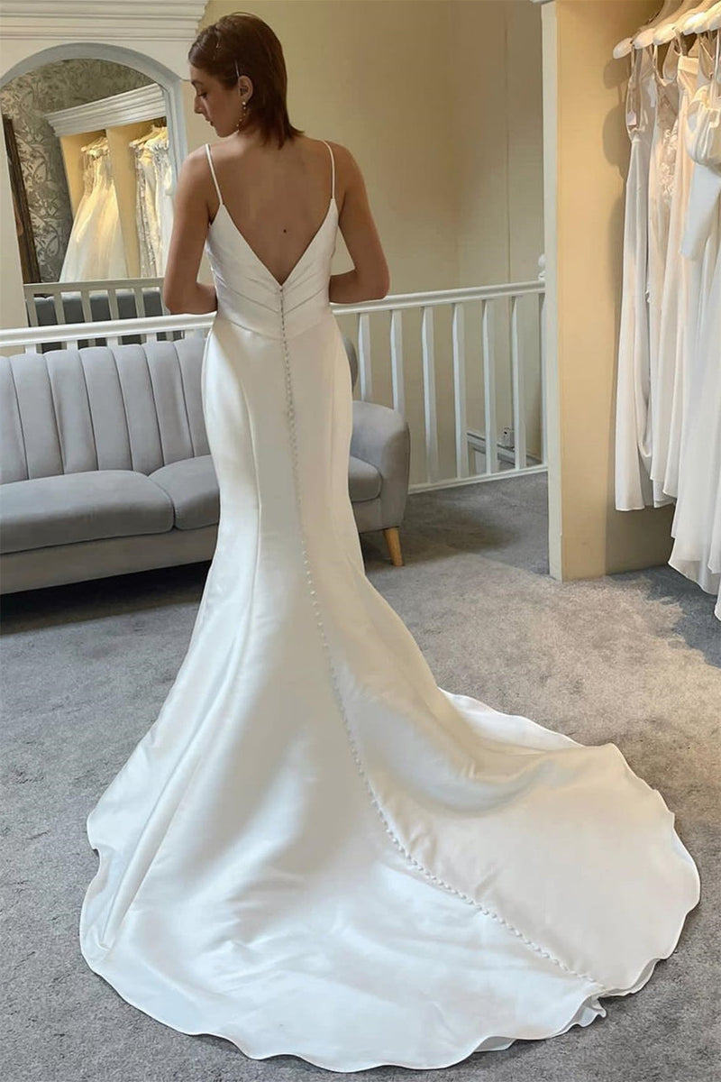 Gorgeous Satin Mermaid Wedding Dresses Spaghetti-Straps V-Neck Sleeveless Open Back With Buttons