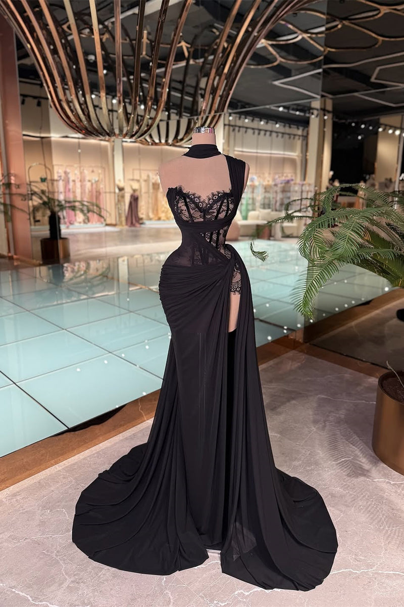 Timeless Black One Shoulder Sweetheart Sleeveless Evening Dresses Mermaid Side Split Lace With Pleats