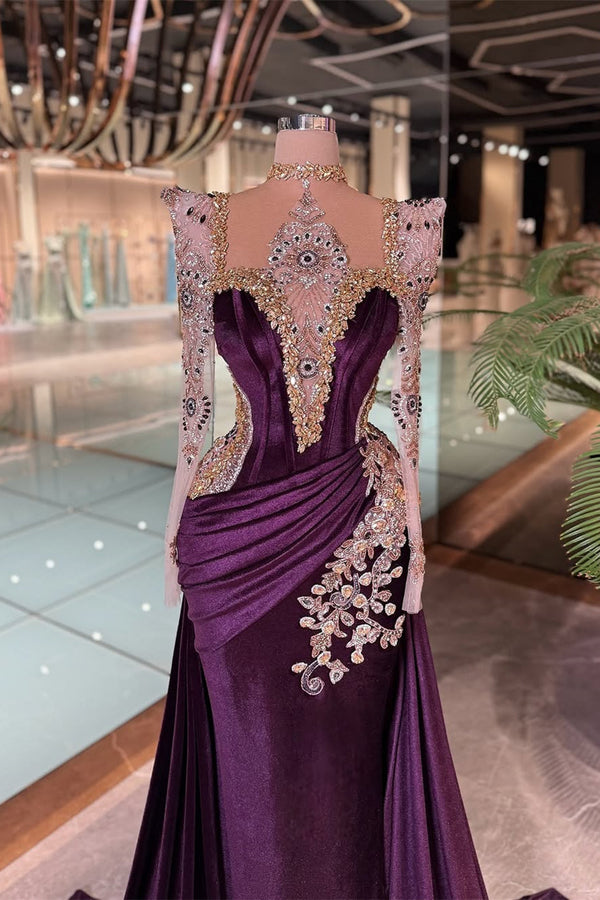 Exquisite Grape Halter Long Sleeves Mermaid Evening Dresses Column Gem With Pleats