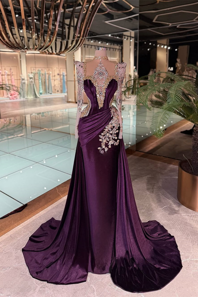 Exquisite Grape Halter Long Sleeves Mermaid Evening Dresses Column Gem With Pleats