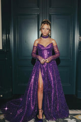 Dazzling Purple Strapless Sweetheart Sequins A-Line Evening Dresses Detachable Sleeves With High Split