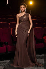 Chic Chocolate One Shoulder Sleeveless Satin Mermaid Evening Dresses Sheath With Ruffle Flower