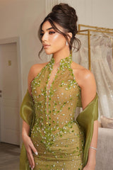 Shining Green High Collar Sleeveless Mermaid Evening Dresses Column Gem Beads With Zipper