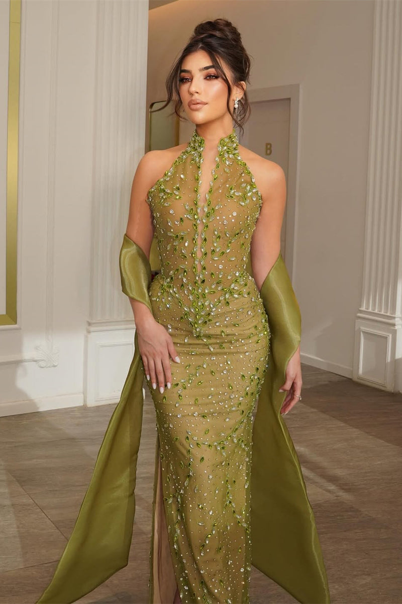 Shining Green High Collar Sleeveless Mermaid Evening Dresses Column Gem Beads With Zipper