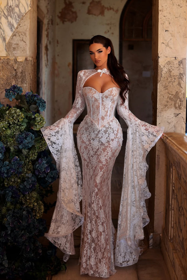 Fabulous White Sweetheart Long Sleeves Lace Evening Dresses Mermaid With Zipper Lace-Up Back