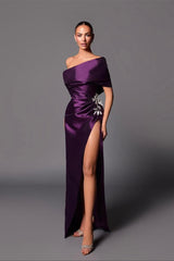Classy Grape Off-The-Shoulder Satin Mermaid Evening Dresses Detachable Skirt With Side Split