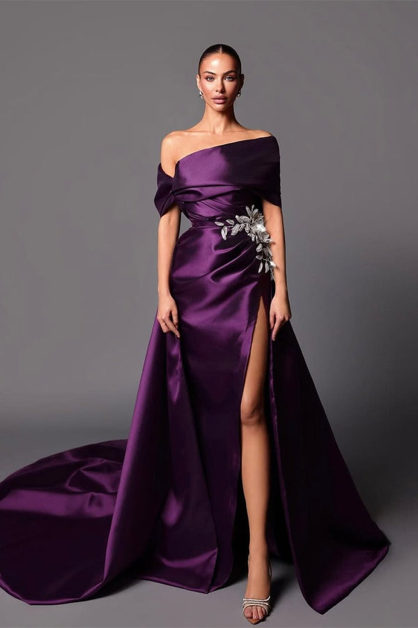 Classy Grape Off-The-Shoulder Satin Mermaid Evening Dresses Detachable Skirt With Side Split