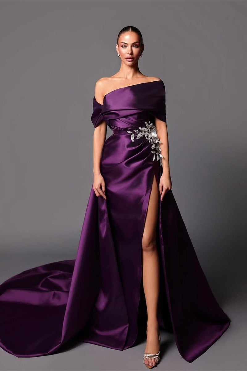 Classy Grape Off-The-Shoulder Satin Mermaid Evening Dresses Detachable Skirt With Side Split