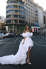 Timeless White Hi-Lo Off-The-Shoulder Satin Evening Dresses Pearl Sheath On Sale