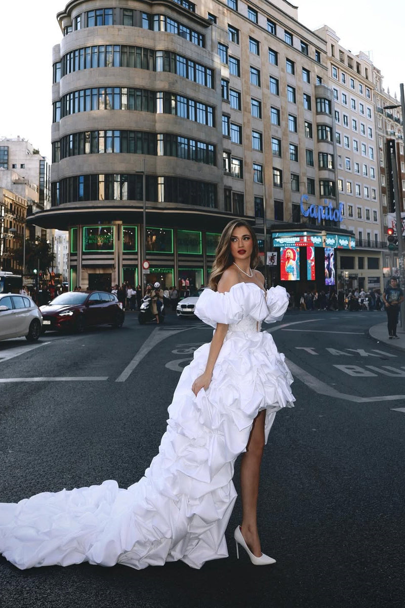 Timeless White Hi-Lo Off-The-Shoulder Satin Evening Dresses Pearl Sheath On Sale