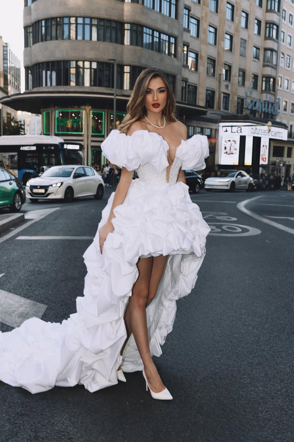 Timeless White Hi-Lo Off-The-Shoulder Satin Evening Dresses Pearl Sheath On Sale