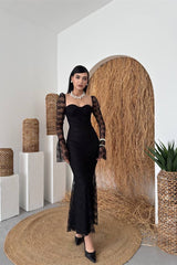 Elegant Black Sweetheart Long Sleeves Mermaid Evening Dresses Lace Column With Zipper