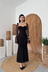 Elegant Black Sweetheart Long Sleeves Mermaid Evening Dresses Lace Column With Zipper