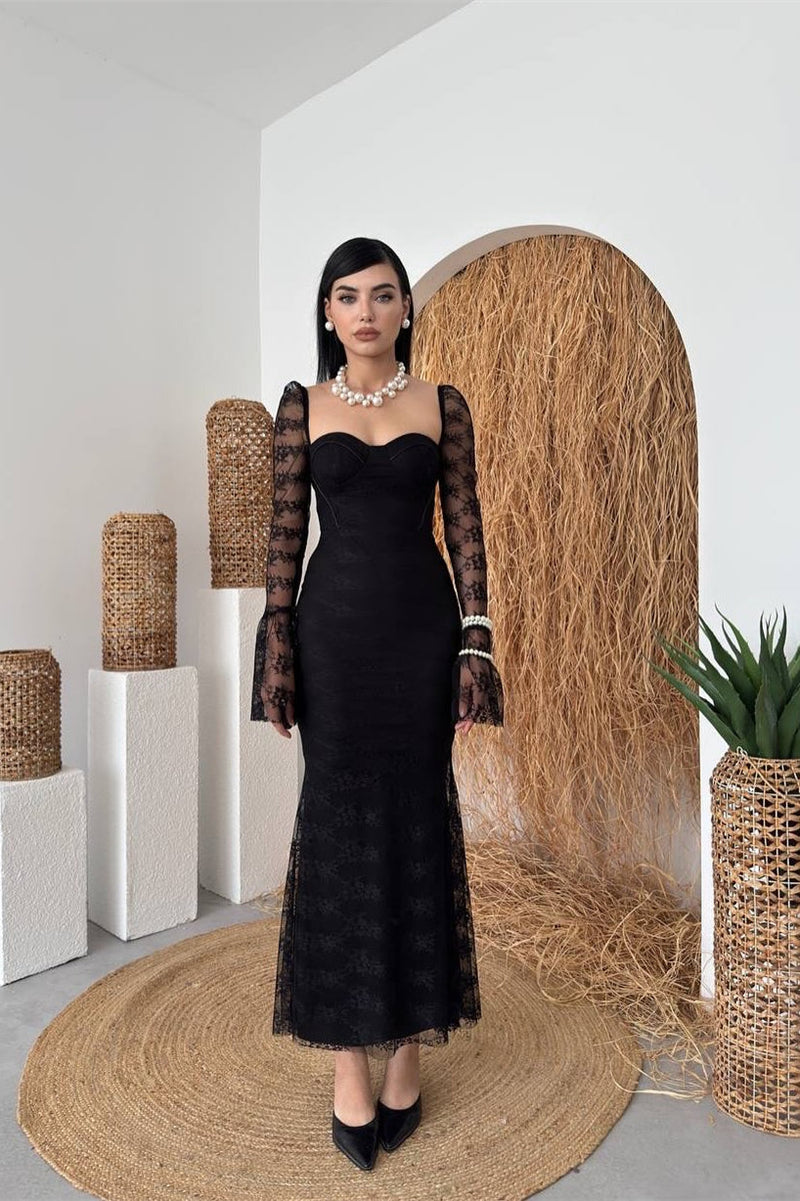 Elegant Black Sweetheart Long Sleeves Mermaid Evening Dresses Lace Column With Zipper