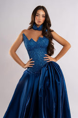 Exquisite Royal Blue Strapless Sleeveless Satin Evening Dresses A-Line Sequins With High Split