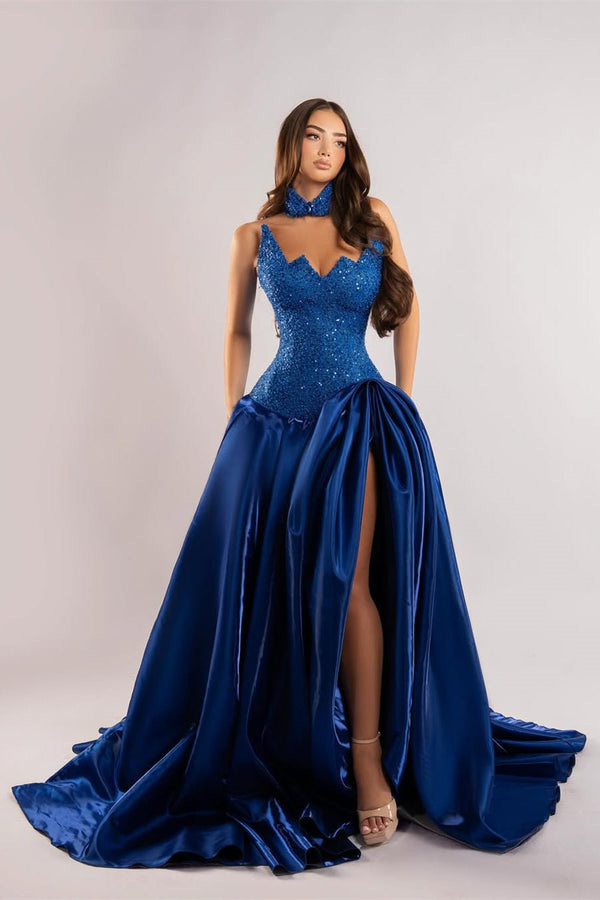 Exquisite Royal Blue Strapless Sleeveless Satin Evening Dresses A-Line Sequins With High Split