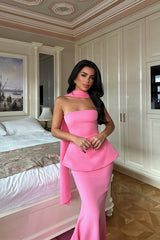 Pretty Flamingo Strapless Sleeveless Satin Mermaid Evening Dresses Two Pieces Set On Sale