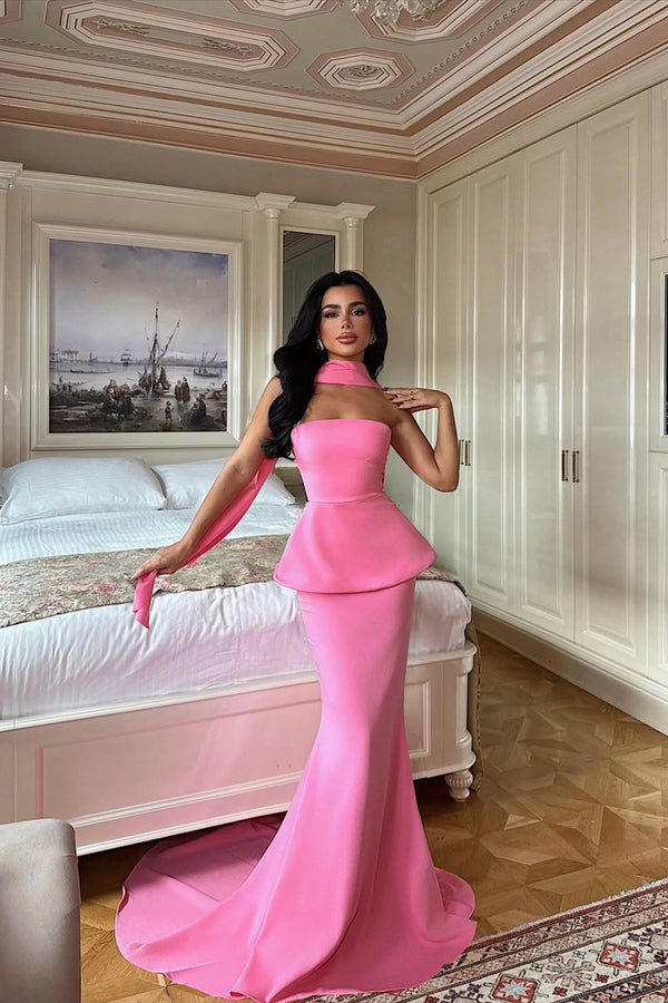 Pretty Flamingo Strapless Sleeveless Satin Mermaid Evening Dresses Two Pieces Set On Sale