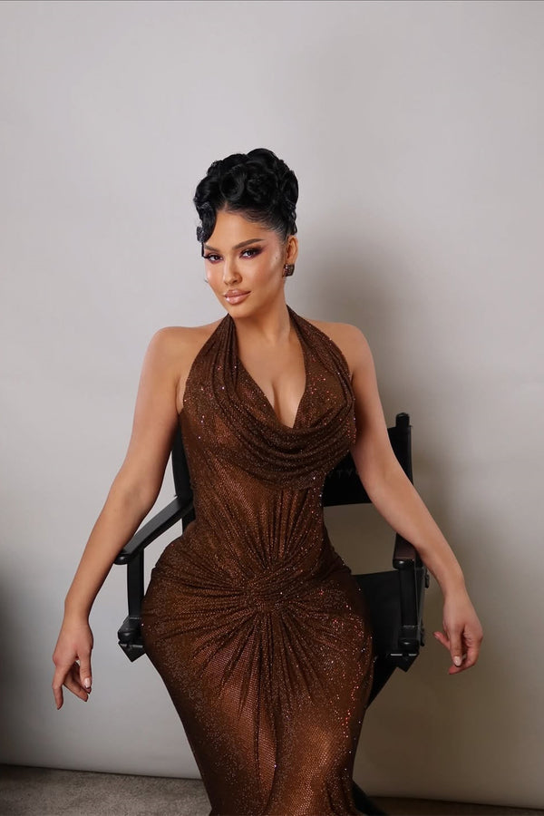 Elegant Chocolate Halter Sleeveless Mermaid Evening Dresses V-Neck Sheath With Pleats