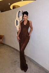 Elegant Chocolate Halter Sleeveless Mermaid Evening Dresses V-Neck Sheath With Pleats