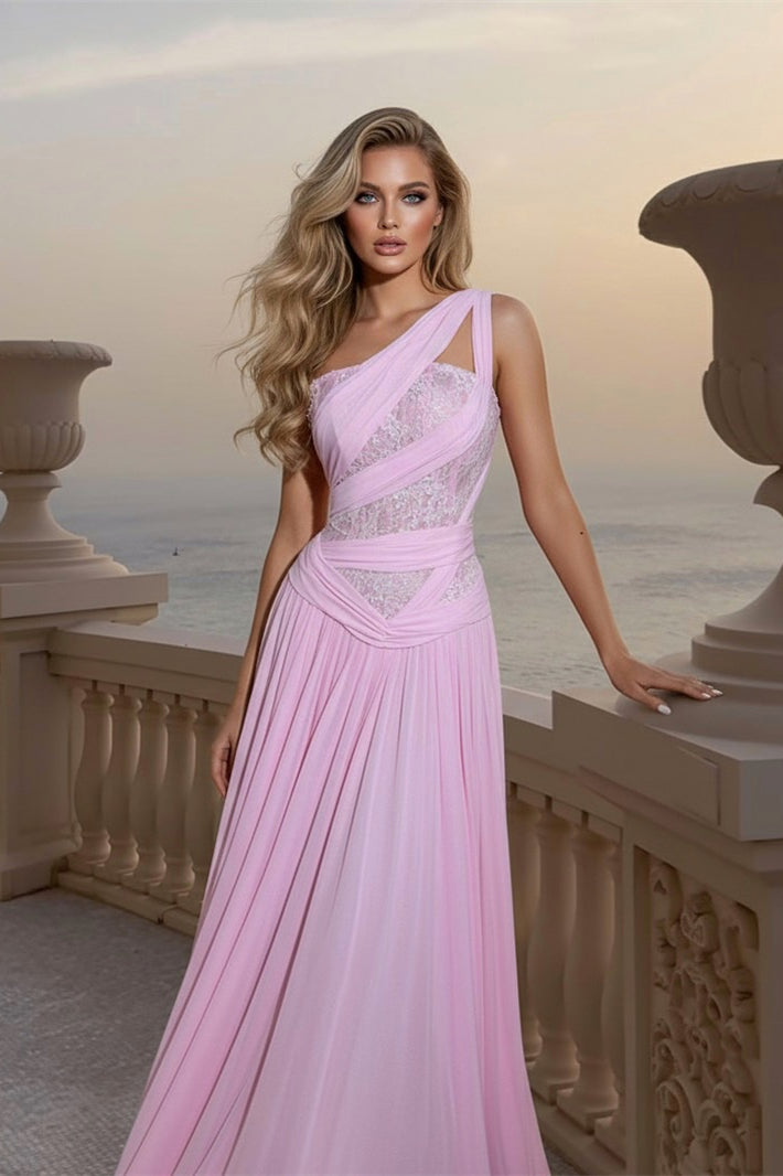 Beautiful Pink One Shoulder Chiffon Sleeveless Evening Dresses A-Line Long With Pleats