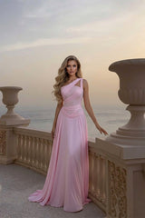 Beautiful Pink One Shoulder Chiffon Sleeveless Evening Dresses A-Line Long With Pleats