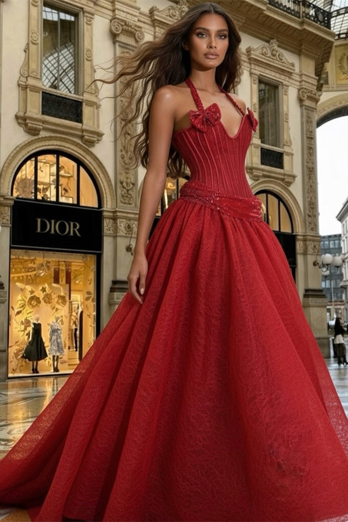 Exquisite Red Halter Sweetheart Sleeveless A-Line Evening Dresses Sequin Lace With Bow Knot