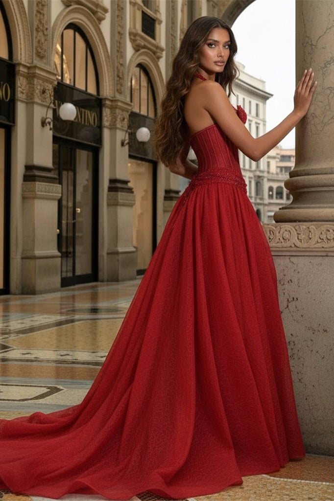Exquisite Red Halter Sweetheart Sleeveless A-Line Evening Dresses Sequin Lace With Bow Knot