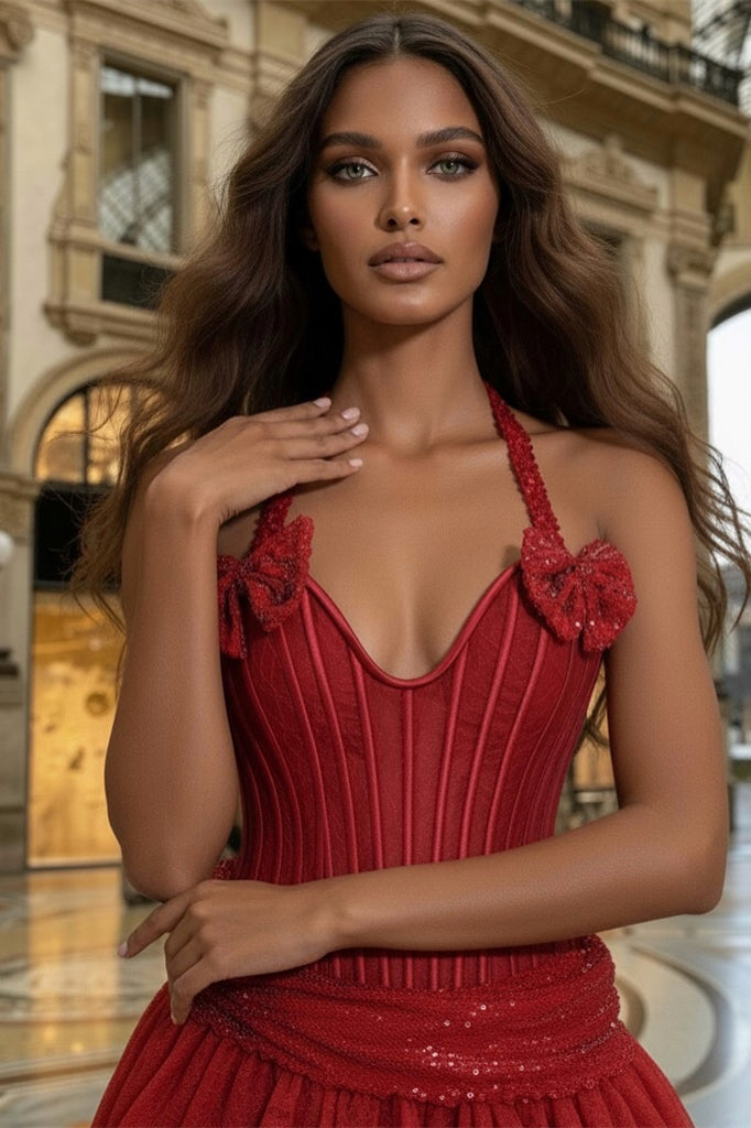 Exquisite Red Halter Sweetheart Sleeveless A-Line Evening Dresses Sequin Lace With Bow Knot