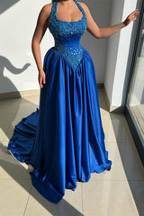 Shining Royal Blue Halter Sleeveless Satin Evening Dresses A-Line Long With Beads Pleats