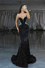 Dazzling Black Sleeveless Strapless V-Neck  Evening Dresses Mermaid Gem With Beads