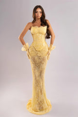 Chic Daffodil Strapless Sleeveless Lace Evening Dresses Mermaid Column With Gloves