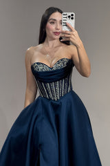 Classy Navy Blue Sweetheart Strapless Sleeveless Satin Evening Dresses A-Line High Split Gem With Lace-Up Back Pockets