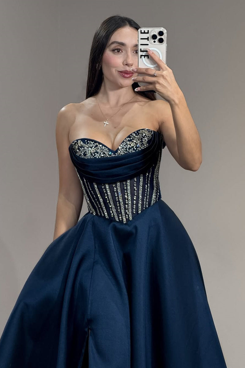 Classy Navy Blue Sweetheart Strapless Sleeveless Satin Evening Dresses A-Line High Split Gem With Lace-Up Back Pockets