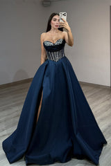 Classy Navy Blue Sweetheart Strapless Sleeveless Satin Evening Dresses A-Line High Split Gem With Lace-Up Back Pockets
